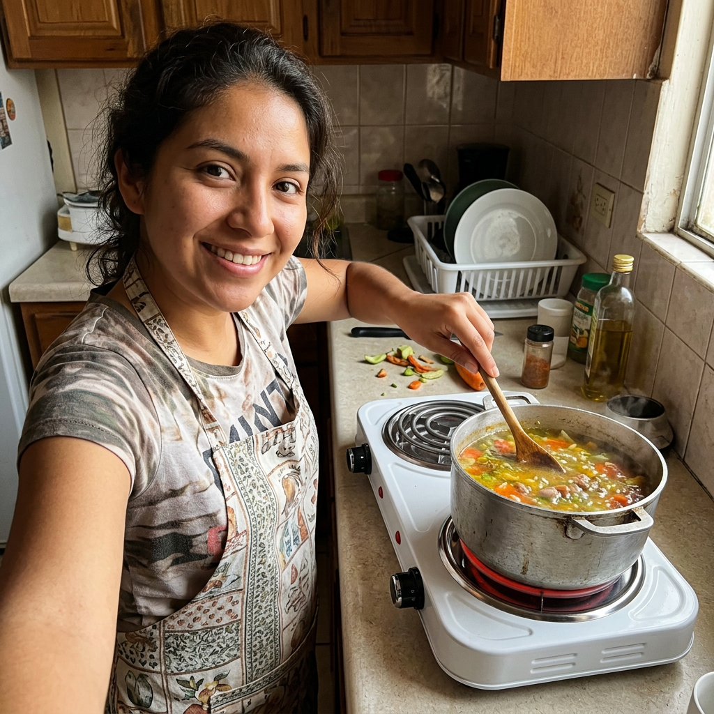 Clienta de Antigua Guatemala cocinando con su estufa eléctrica de inducción Cocinova