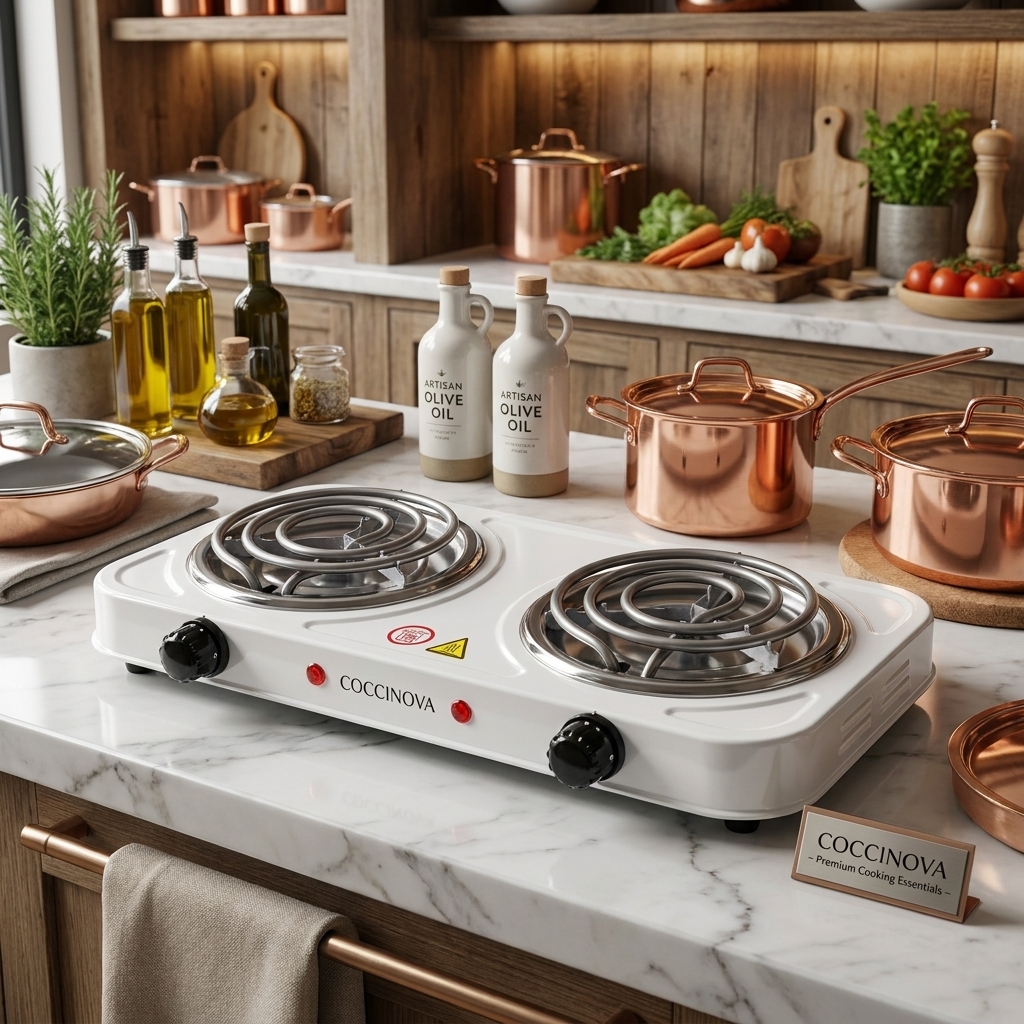 Estufa eléctrica de inducción Cocinova sobre mesón de mármol en una cocina premium