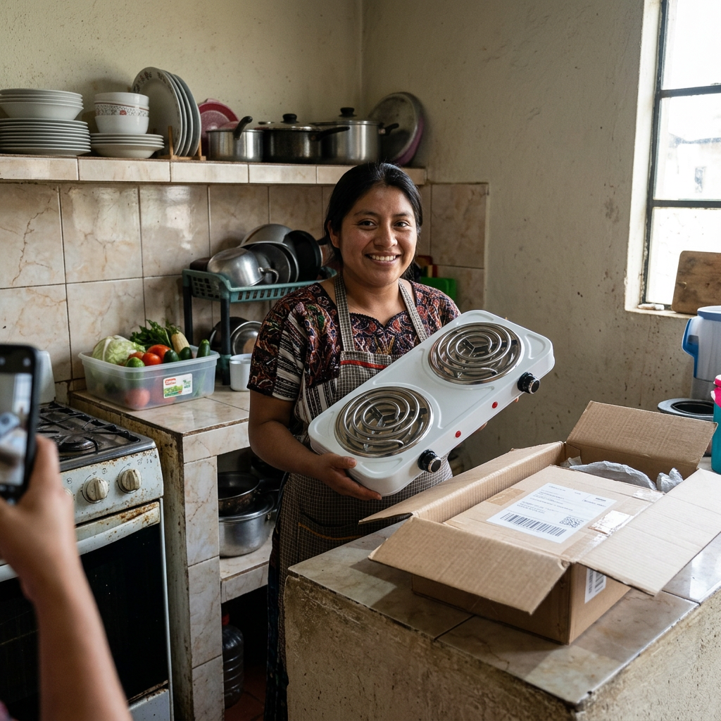 Clienta de Ciudad de Guatemala mostrando su estufa eléctrica de inducción Cocinova recién recibida