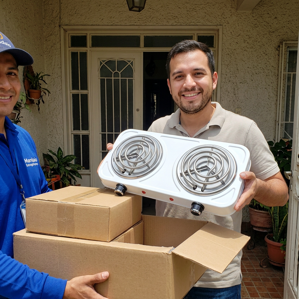 Cliente de Quetzaltenango recibiendo el kit doble de estufas eléctricas de inducción Cocinova