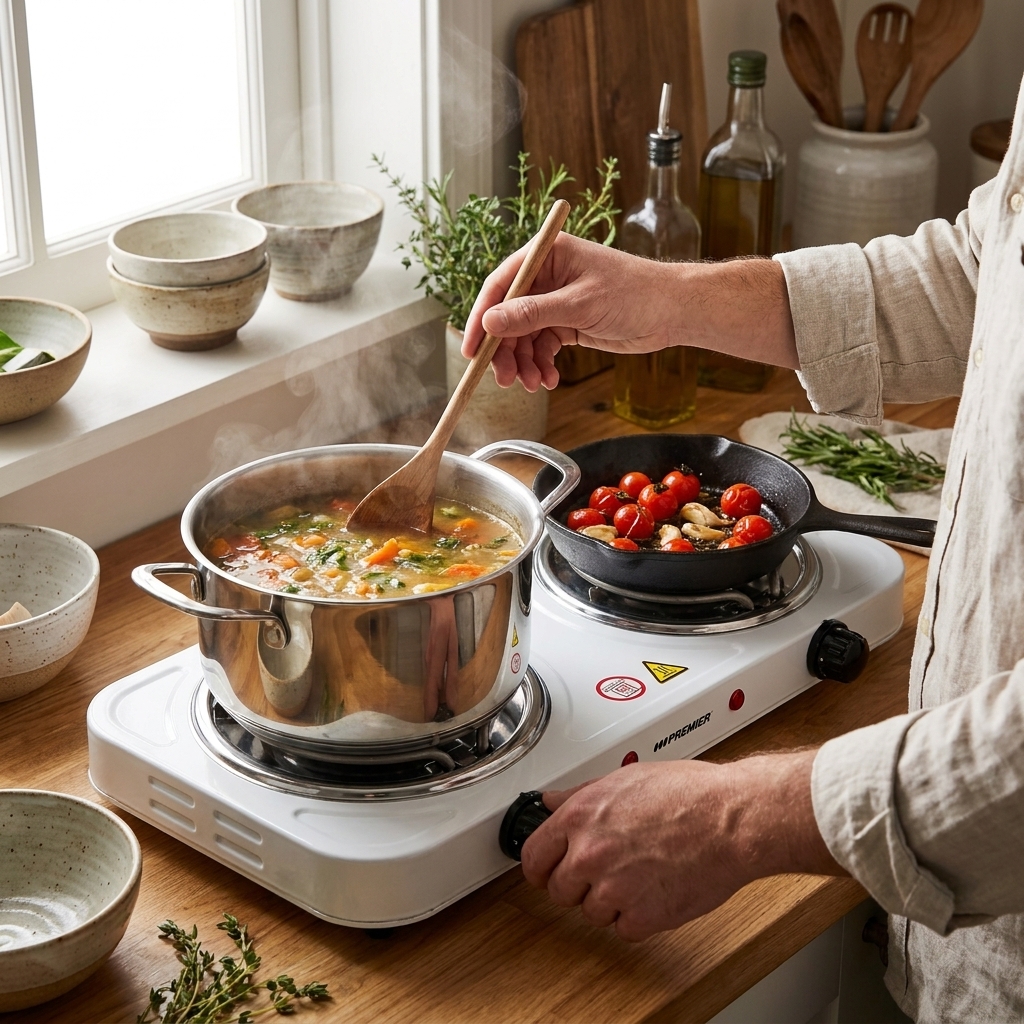 Persona cocinando con dos ollas sobre la estufa eléctrica de inducción Cocinova
